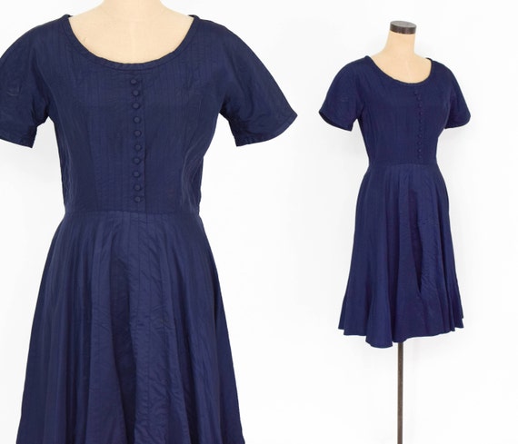 1940s Navy Taffeta Dress | 40s Blue Taffeta Party