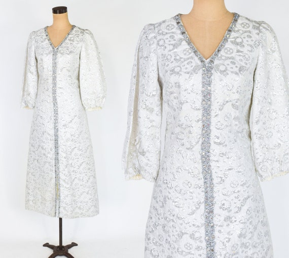 1970s Silver Brocade Evening Dress | 70s Silver L… - image 1
