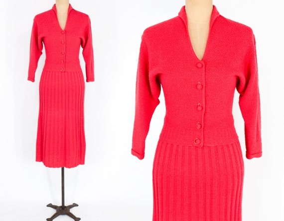 1940s Red Knit Sweater Set | 40s Wool Knit Cardiga
