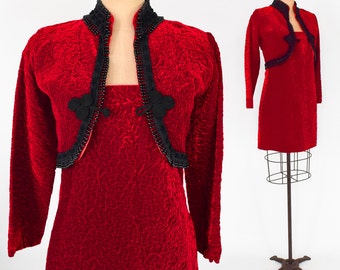 1960s Red Velvet Dress & Jacket | 60s Red Velvet Mini Dress Jacket | Small