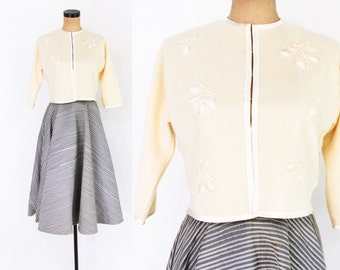 1950s Creme Wool Cardigan | 50s Off White Wool Knit cardigan | Gloria's Hong Kong | 1950s Gray Swing Skirt | Italy