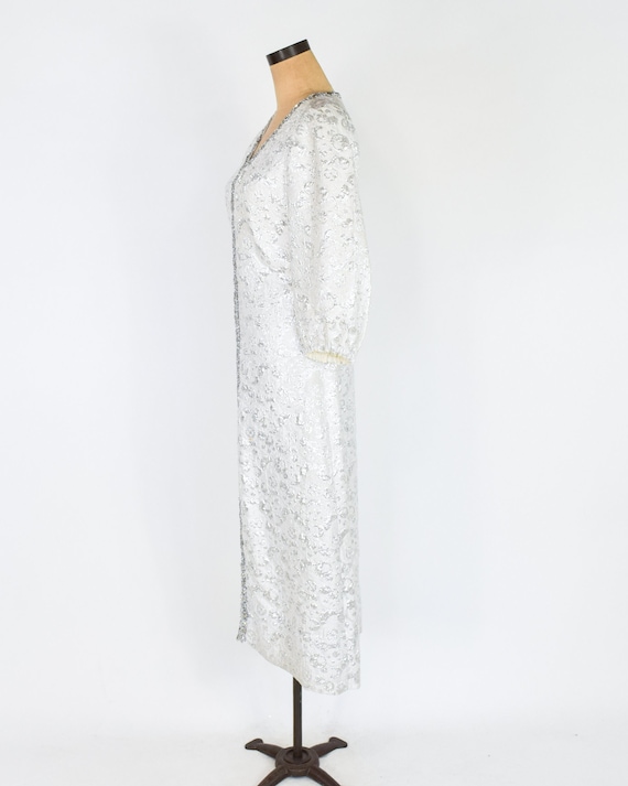 1970s Silver Brocade Evening Dress | 70s Silver L… - image 3