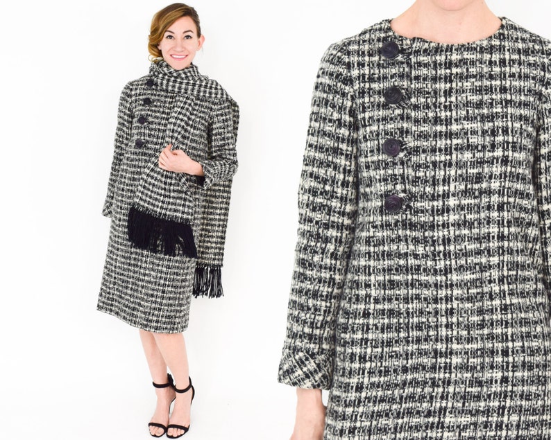 1960s Black /& White Wool Plaid Dress Medium 60s Gray Plaid Wool Dress with Scarf