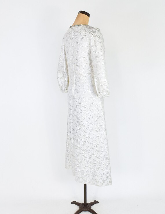 1970s Silver Brocade Evening Dress | 70s Silver L… - image 5
