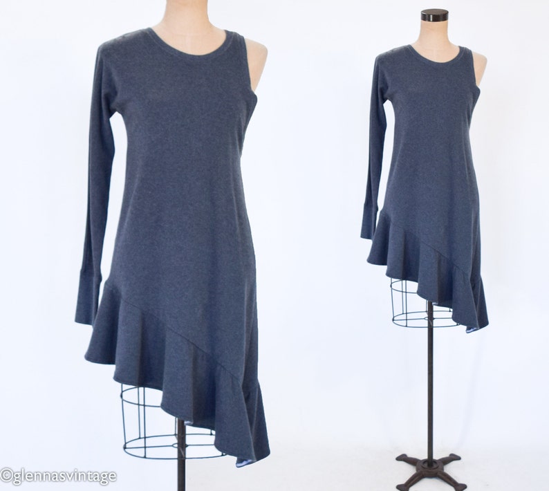 2000s Gray Knit Dress Gray Sweatshirt Dress Asymmetrical Gray Sport Dress ATKO Small image 1