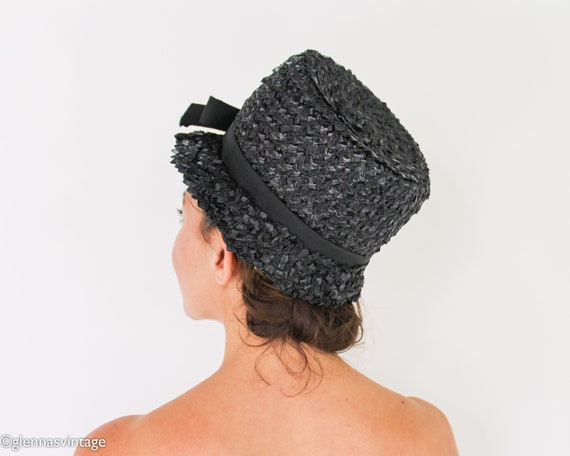 1960s Black Straw Bucket Hat | 60s Black Raffia W… - image 9