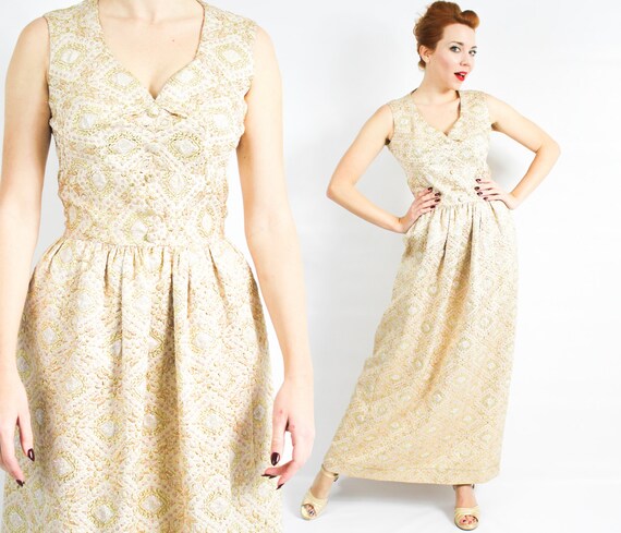 1950s Gold Brocade Evening Dress | 50s Gold Brocad