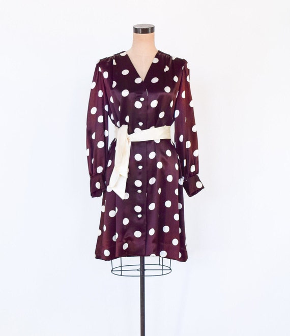 1960s Brown Polka Dot Dress | 60s Brown & White M… - image 2