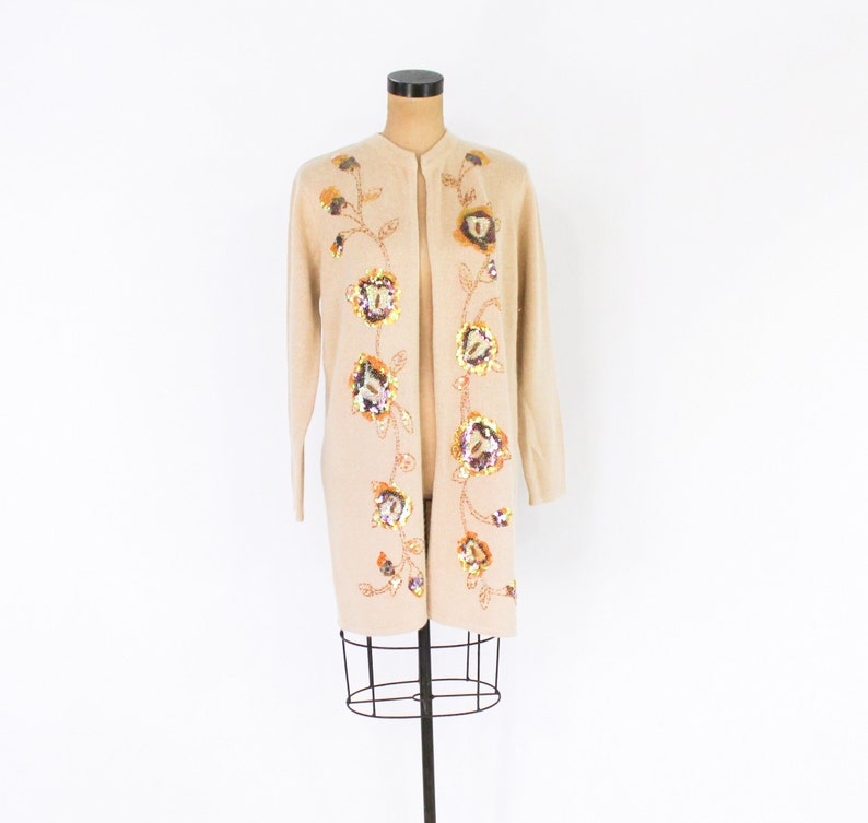 1980s Beige Sweater Knit Cardigan 80s Beige & Gold Sequin Sweater Coat Victor Costa Occasion Large image 3