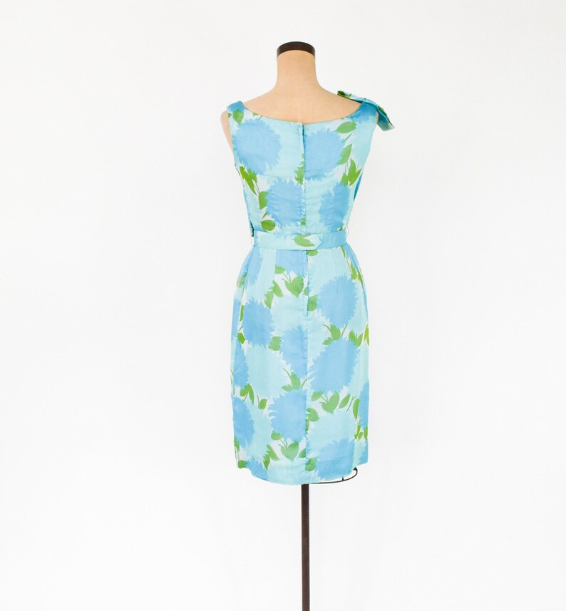 1950s Turquoise Blue Floral Party Dress 50s Blue Silk Chiffon Cocktail Dress Medium image 6