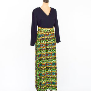 1970s Green Print Maxi Dress 70s Black & Green Tiki Print Maxi Dress Medium image 3