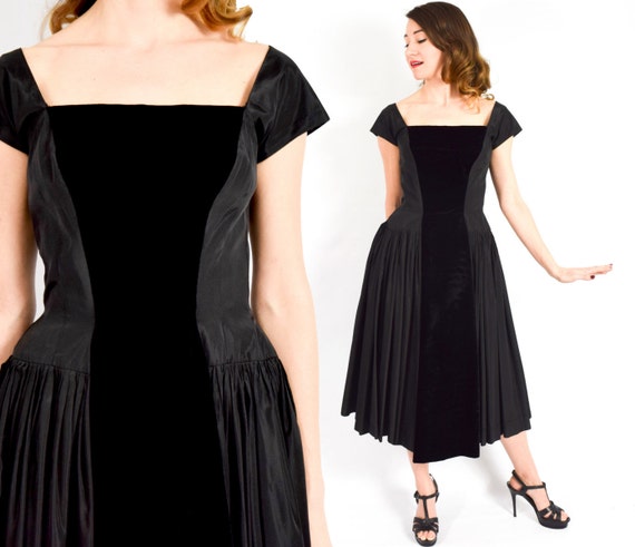 1950s Black Taffeta Party Dress | 50s Black Taffe… - image 2