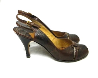 1950s Lizard Skin Slingback Pumps | Vintage Brown Leather Heels | I Miller, 8.5 AA