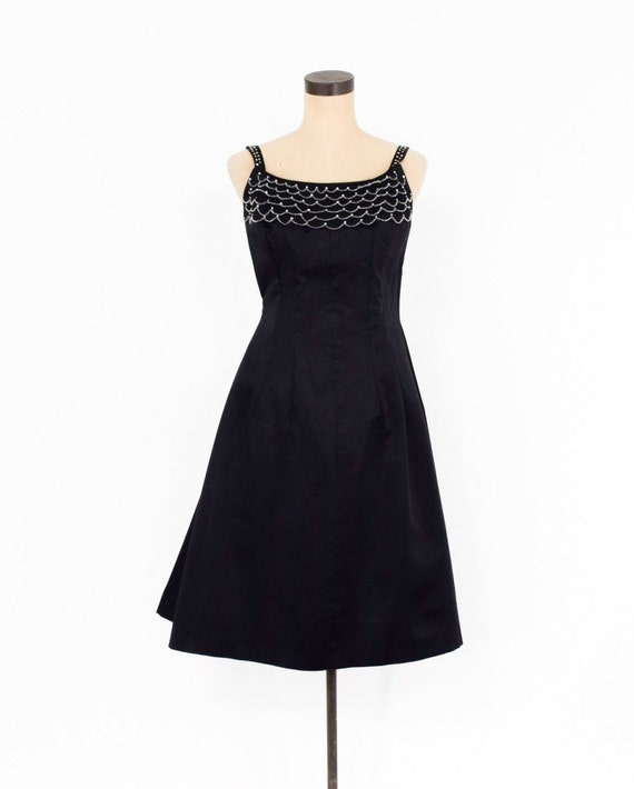 1950s Black Satin Cocktail Dress | 50s Black Bead… - image 2