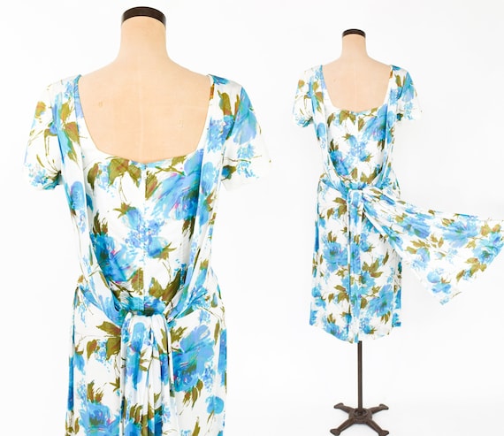 1950s Blue Floral PartyDress | 50s Blue & White F… - image 2