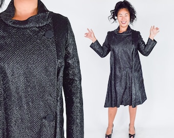 1960s  Black Metallic Coat Dress | Vintage Mod Style Black Dress, Medium