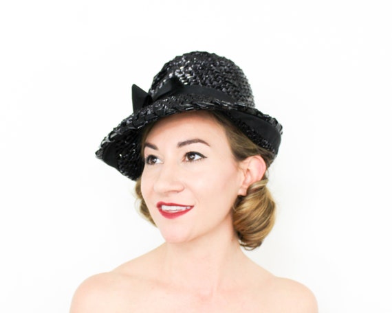 Mr John | 1960s Black Raffia Hat | 60s Black Asym… - image 3