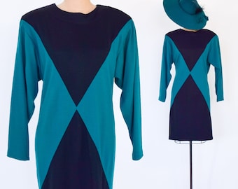 1980s Green Black Color Block Dress | 80s Black & Green Knit Dress | Color Block Dress | Karen Kane | Medium