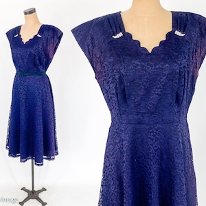 1940s Navy Blue Lace Cocktail Dress 40s Blue Lace Party Dress Kerrybrooke Large image 1