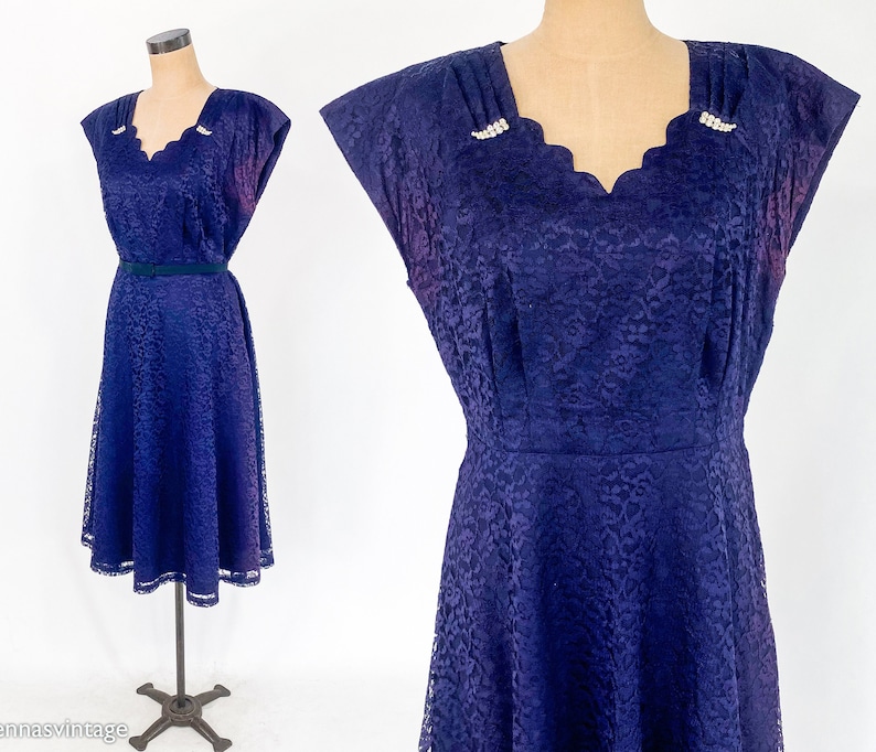 1940s Navy Blue Lace Cocktail Dress 40s Blue Lace Party Dress Kerrybrooke Large image 1