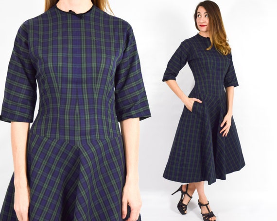 1950s Navy Plaid Cotton Dress | 50s Navy Blue Plai