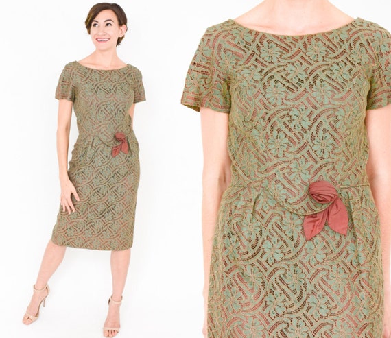 1950s Sage Green Lace Dress | 50s Green & Brown L… - image 1