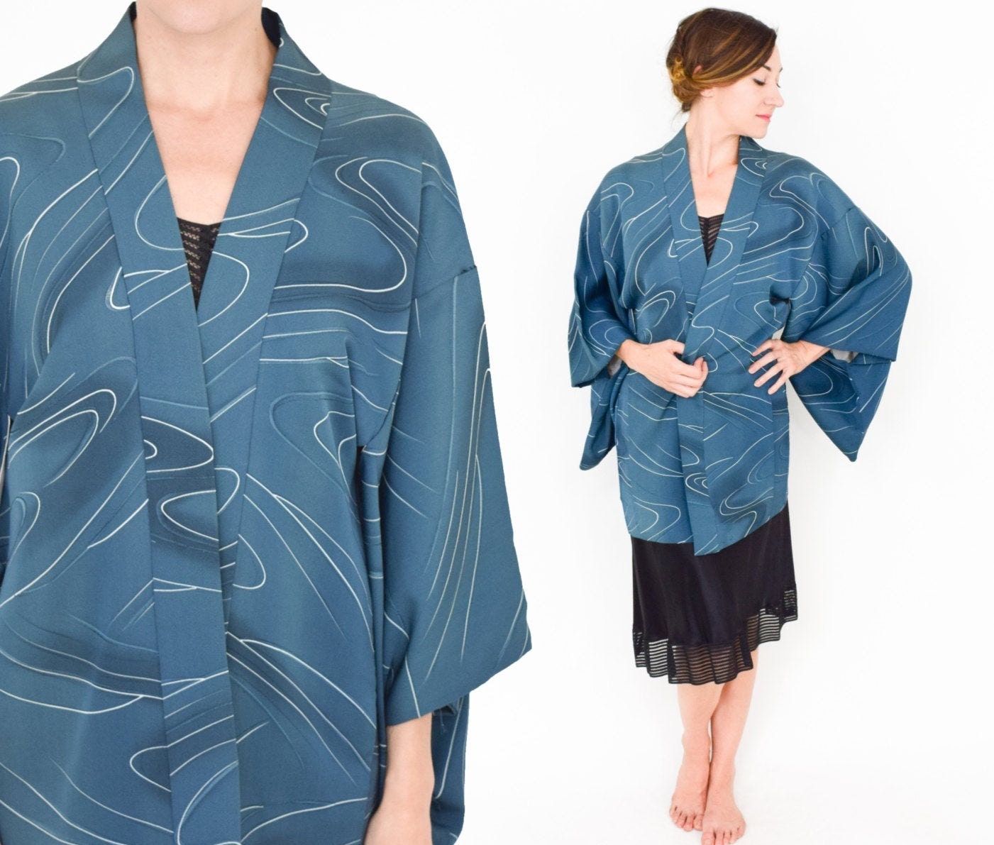 Blue Silk Haori Aqua Blue Swirl Print 