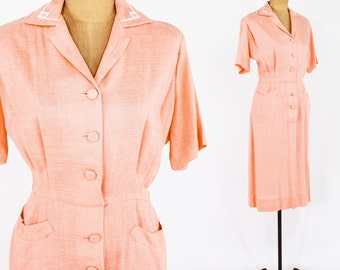 1950s Peach Cotton Day Dress | 1950s Coral Summer Dress |  Medium