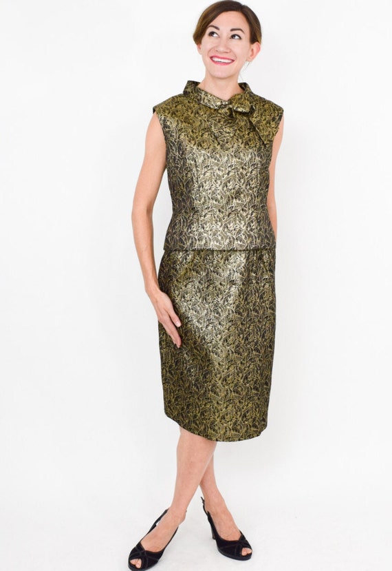 1950s Gold Brocade Dress 50s Gold Brocade Party Dress Gold