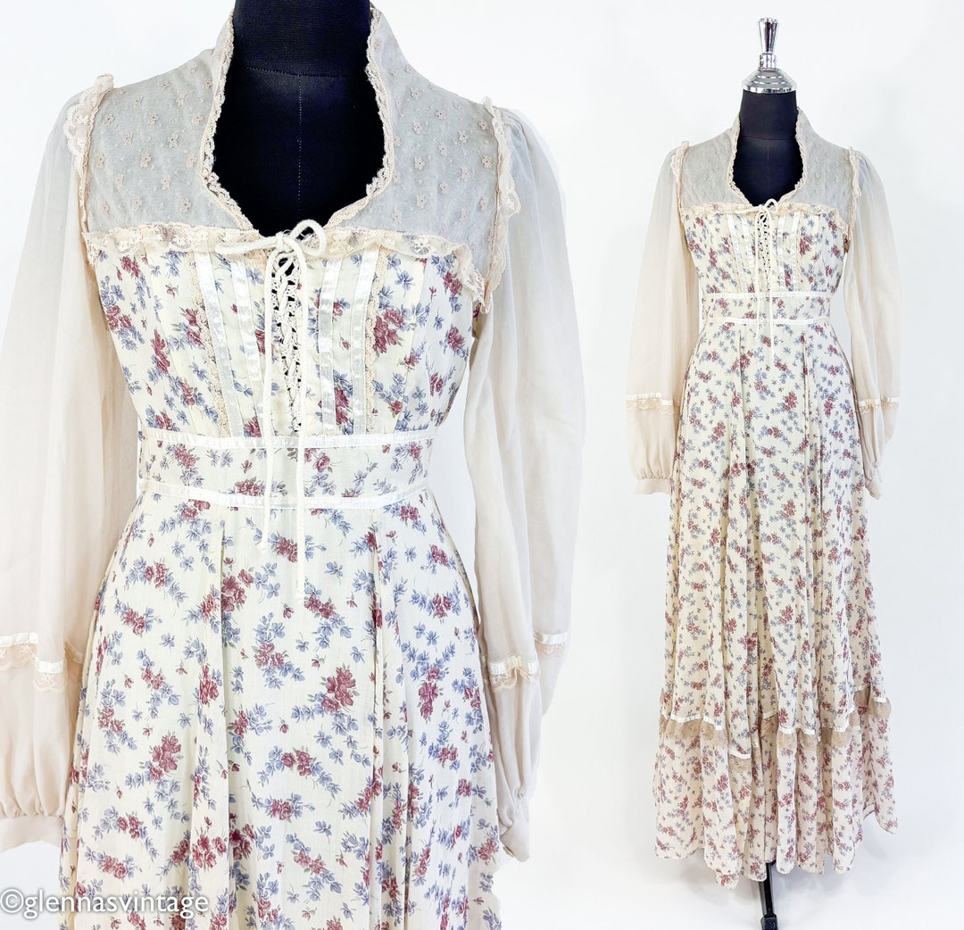 1970s Gunne Sax Floral Maxi Dress | Vintage Creme Pink Peasant Gown, XS ...