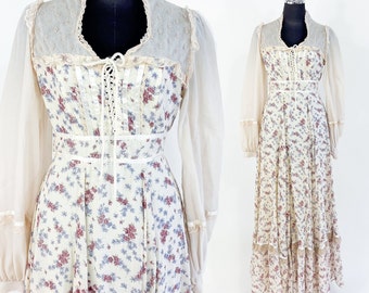 1970s Gunne Sax Floral Maxi Dress | Vintage Creme Pink Peasant Gown, XS