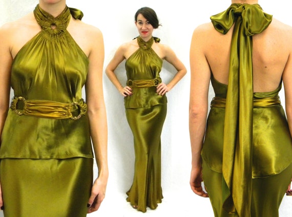 1930s Green Silk Evening Dress | 30s Olive Green S