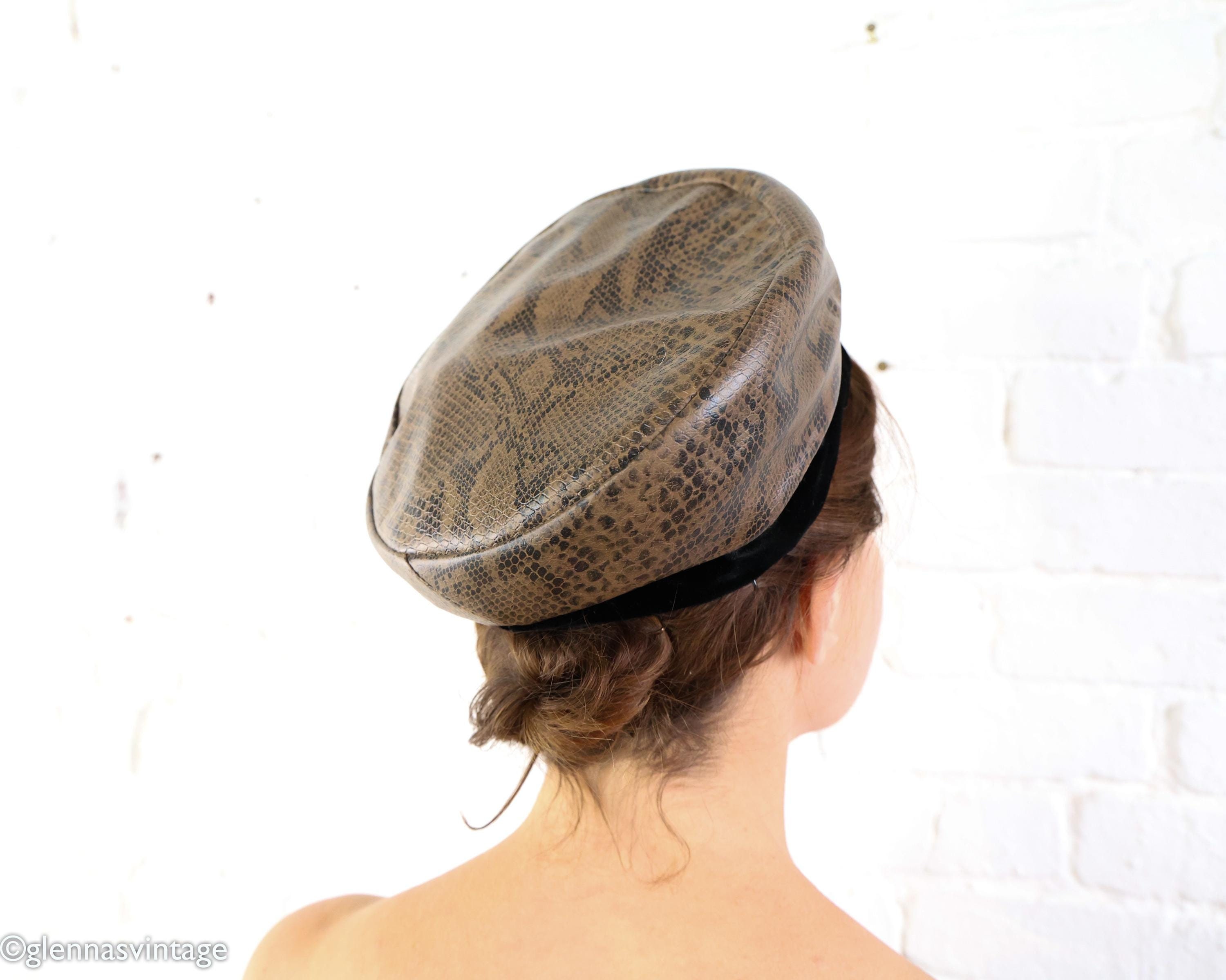 1970s Faux Snakeskin Beret Hat | Brown Vinyl Hat - Etsy