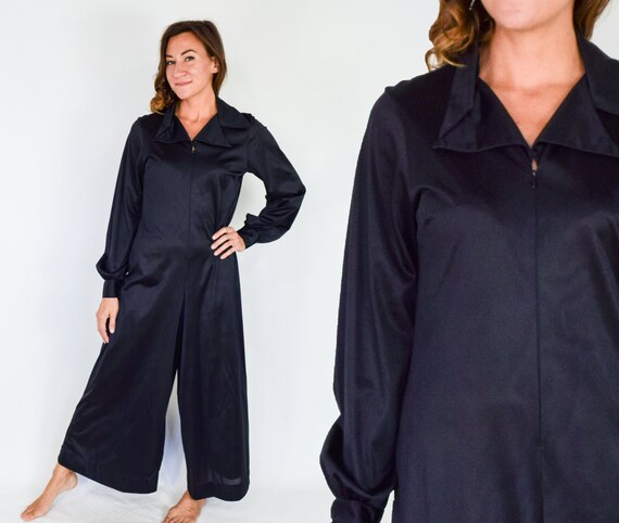1970s Black Nylon Jumpsuit | 70s Black Maxi Linger