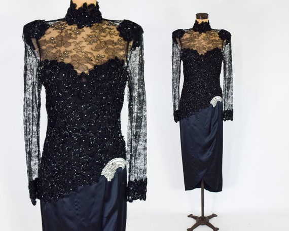 1980s Black Lace Evening Dress | 80s Black Lace &