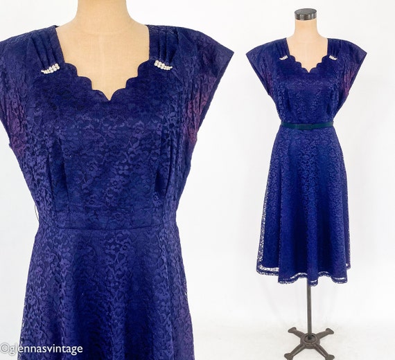 1940s Navy Blue Lace Cocktail Dress | 40s Blue La… - image 2