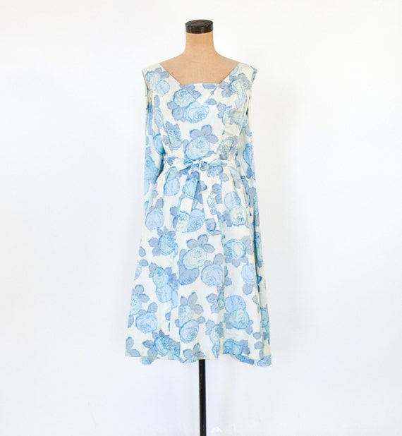 1950s Blue Brocade Silk Cocktail Dress | 50s Blue… - image 3
