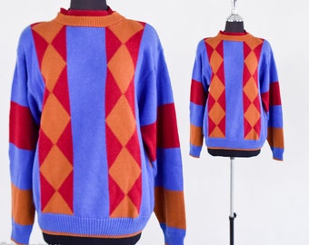 1980s Purple & Red Harlequin Sweater | 80s Purple Red Orange Geometric Pullover | Heirlooms | Large