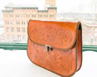 1950s Brown Tooled Leather Purse | 50s Rust Brown Tooled Clutch Handbag