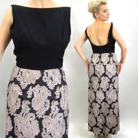1960s Black Metallic Maxi Dress | 60s Black Brocad