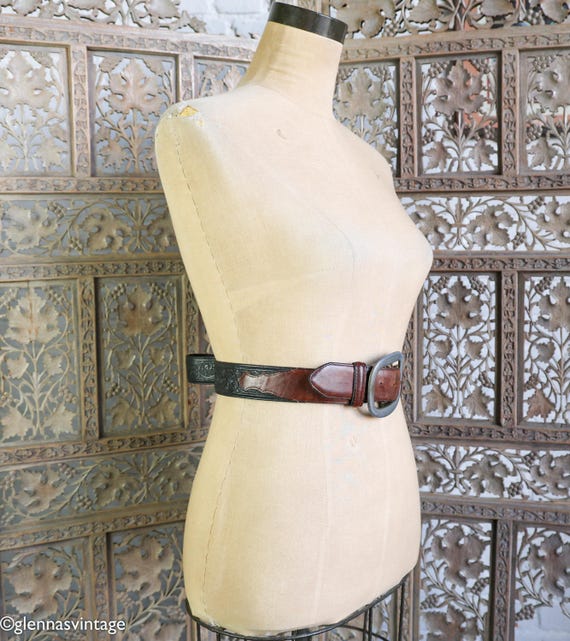 1980 Black Tooled Leather Belt | Vintage Tooled Leather Belt | Justin