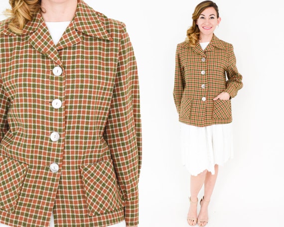 1940s Brown Wool Shirt Jacket | 40s Olive & Rust W
