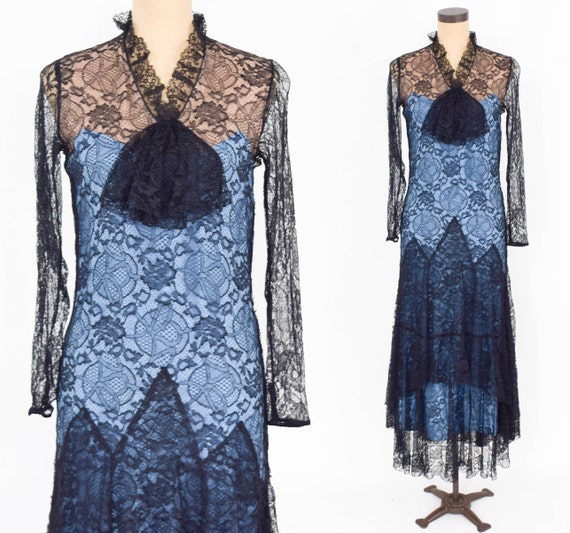 1900s Black Lace Dress | Black Floral Sheer Lace Gown | Blue
