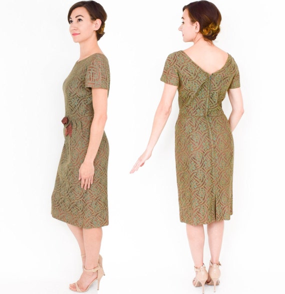 1950s Sage Green Lace Dress | 50s Green & Brown L… - image 3