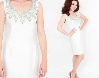 1960s White Silk Party Dress |  60s White Sleeveless  Beaded Sheath | R&K Originals | Medium