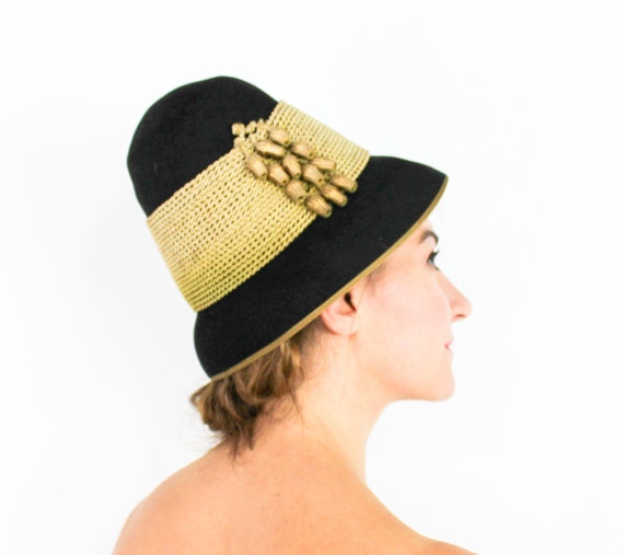 1930s Black Wool Felt Cloche | 30s Black & Gold Br