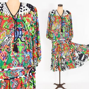 Diane Freis / Blusa y falda de patchwork colorido de los años 80 / Conjunto de fiesta con estampado Op Art de los años 80 / Grande imagen 1