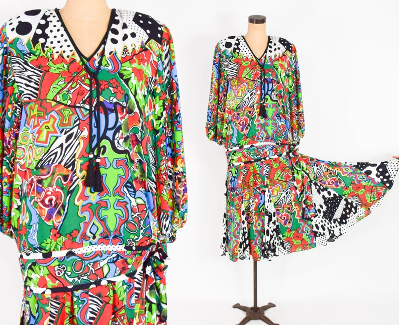 Diane Freis 1980s Colorful Patchwork Blouse & Skirt 80s Op Art Print Party Set Large image 1