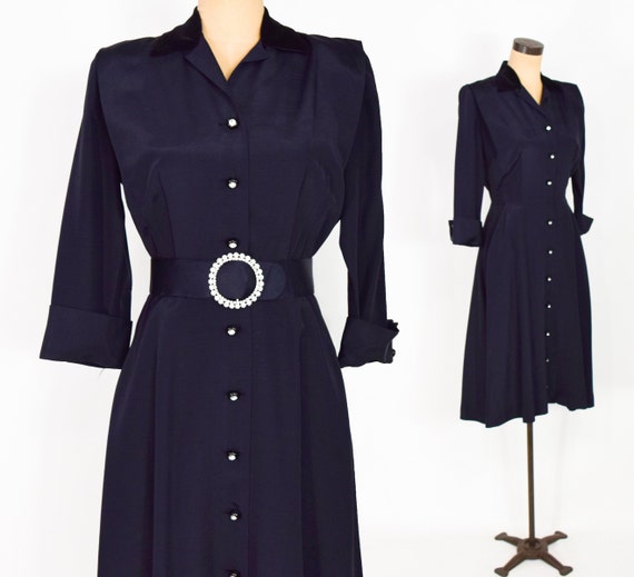 1950s Black Faille Dress | 50s Black Velvet & Fai… - image 1