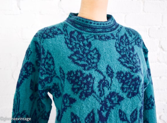 1980s Green & Navy Floral Wool Sweater | 80s Turq… - image 5